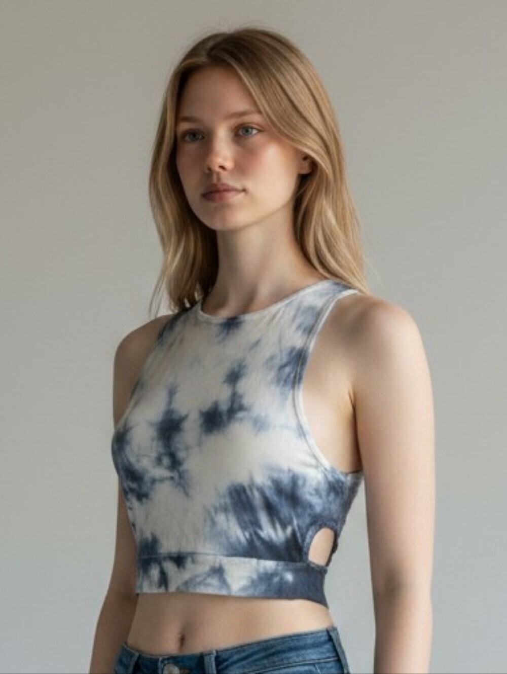 Don't Ask Why White & Blue Tie Dye Side Cut-Out Tank Top (OS)
